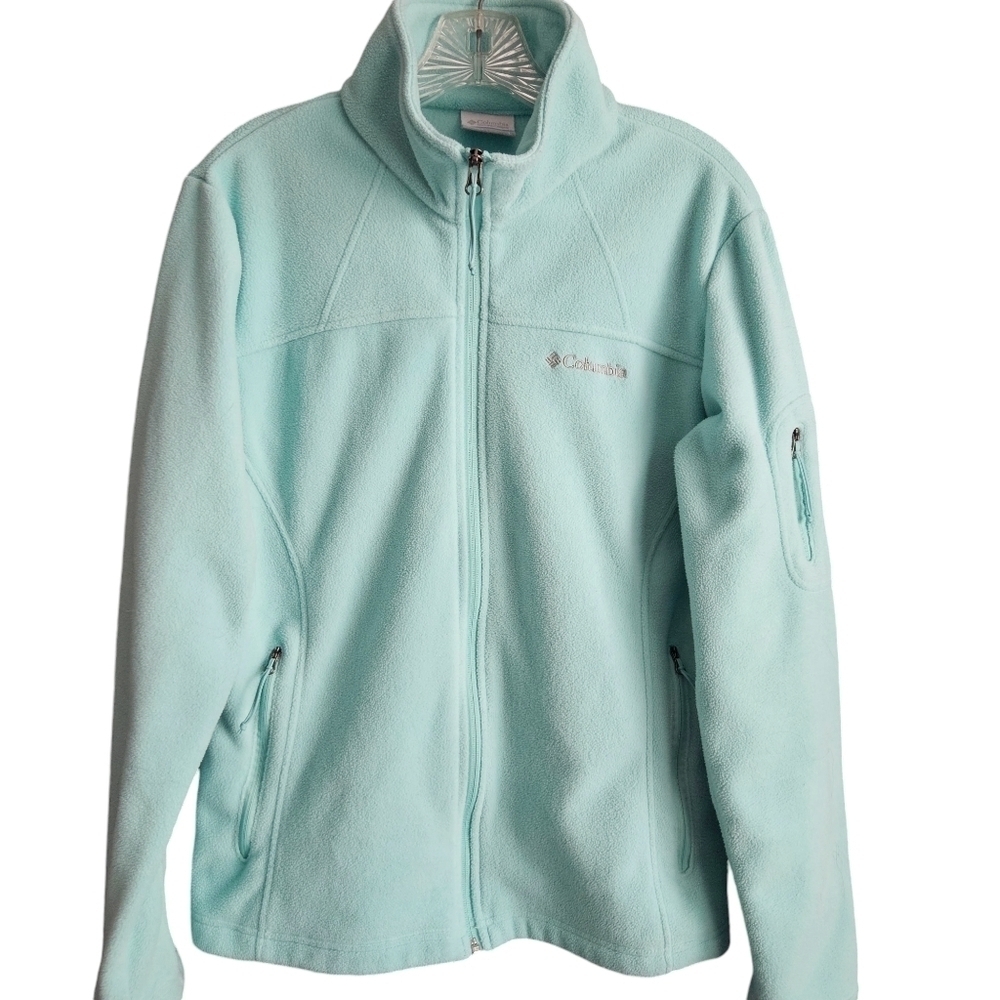 Columbia Fleece Mint Green Zip Up w/ Front Pockets & one Sleeve Pocket Sz Large